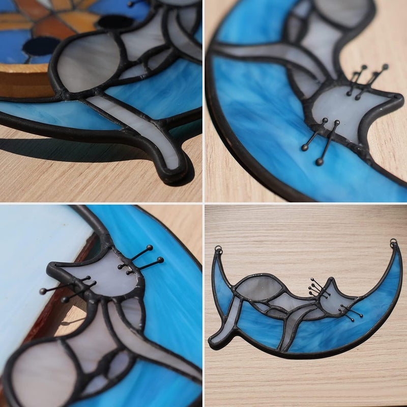 BOXCASA Handcrafted Grey Cat on Moon Stained Glass Suncatcher - Decorative Window Hanging for Cat Lovers, Mothers Day for Women,Mom,Daughter,Wife - Image 3